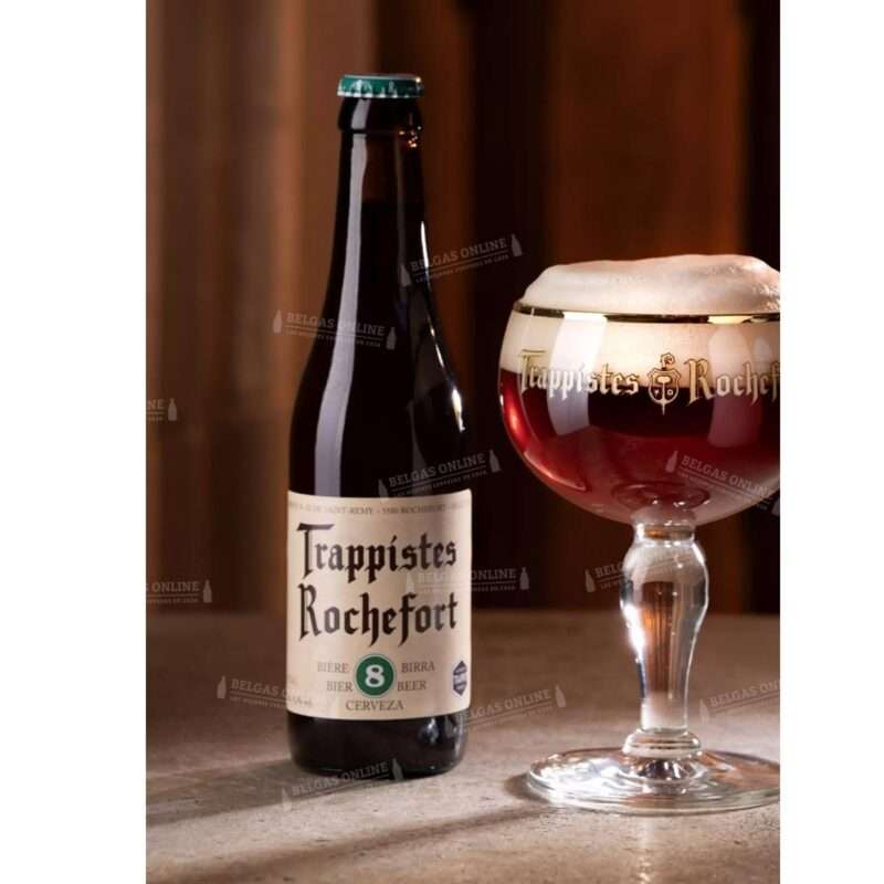 Botella y copa de Rochefort 8 cerveza trapense belga 33cl