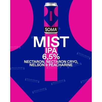 Lata de cerveza artesanal Soma Mist estilo New England IPA con diseño gráfico contemporáneo