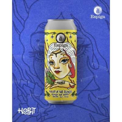 Cerveza Hoppit Hop of the Rings, colaboración con Cervesa Espiga, Hazy IPA con doble dry hop de 6% vol.
