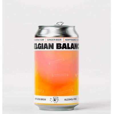 Lata de Belgian Balance Ginger Beer, refresco artesanal sin alcohol con jengibre fresco peruano y mezcla funcional Sociotonin
