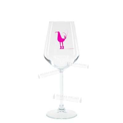 Copa de cerveza oficial de DUST Blending con serigrafía magenta del gallo mascota de la cervecería de Brujas