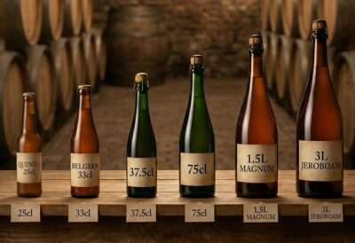 Comparativa de formatos de botellas de cerveza belga: quinto 25 cl, tercio 33 cl, botella 75 cl, magnum 1,5 L y jeroboam 3 L