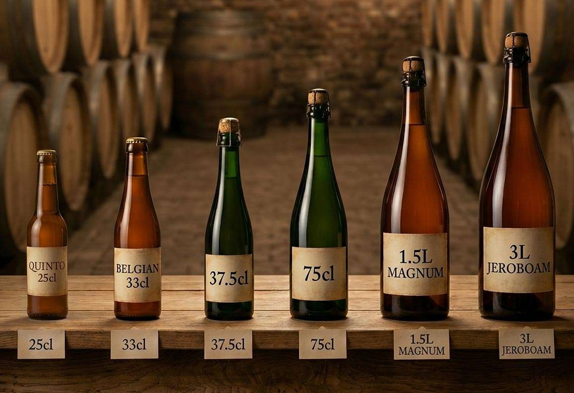 Comparativa de formatos de botellas de cerveza belga: quinto 25 cl, tercio 33 cl, botella 75 cl, magnum 1,5 L y jeroboam 3 L