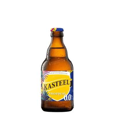 Cerveza Kasteel Tropical 0.0 sin alcohol con mango, fruta de la pasión, melocotón y piña, elaborada por Kasteel Brouwerij Vanhonsebrouck.