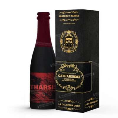 Botella de Catharsis #3 de La Calavera, imperial black sour de barrica con frambuesa, etiqueta roja y negra