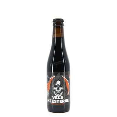 Botella de Vals Meesterke de Brewery De Meester, imperial porter con la imagen de una calavera encapuchada
