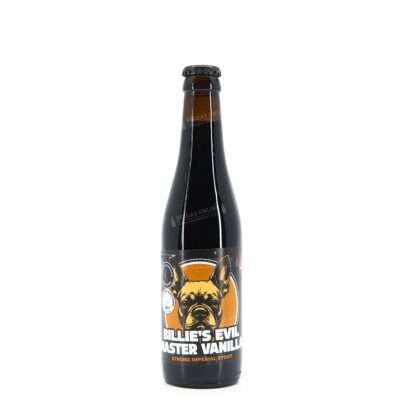Botella de Billie's Evil Master Vanilla de Brewery De Meester, strong imperial stout con vainilla y la imagen de un bulldog