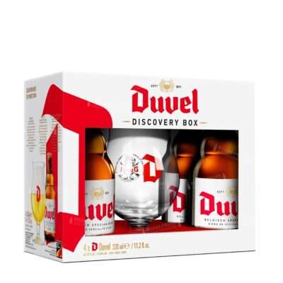 Estuche regalo Duvel Discovery Box con 4 botellas de Duvel de 33cl y copa tulipa oficial Duvel