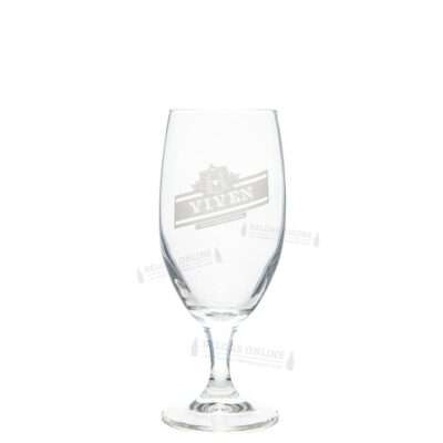 Copa Viven de cristal de 25 cl tipo tulipa sobre pie con el escudo de la cervecería grabado en gris