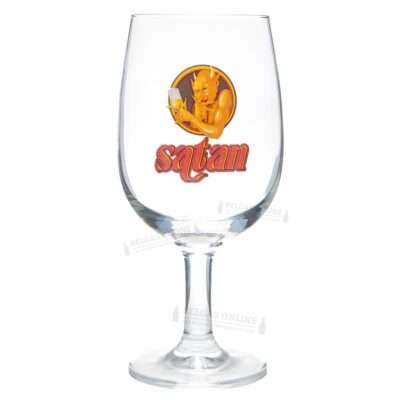 Copa Satan de 33 cl tipo cáliz balón con el emblema del diablo dorado y el logotipo Satan serigrafiados