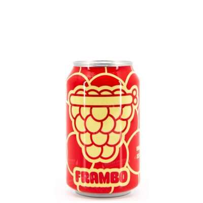 Lata de Frambo de Dok Brewing Company, raspberry sour sin alcohol con ilustración de frambuesa en rojo y amarillo