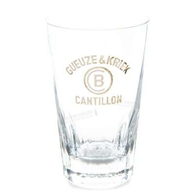 Vaso vintage Cantillon tipo tumbler con grabado dorado Gueuze & Kriek y emblema CB