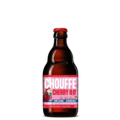 Botella de Chouffe Cherry 0.0% de Brasserie d'Achouffe, cerveza belga sin alcohol de cereza servida en copa cáliz con color rojo oscuro