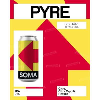 Lata de SOMA Pyre IPA con diseño gráfico en rojo y amarillo sobre fondo de flecha