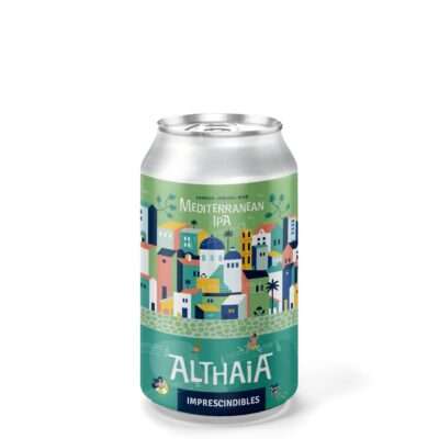 Lata de Althaia Mediterranean IPA, American IPA de Cervezas Althaia elaborada en Altea (Alicante), con ilustración de un pueblo mediterráneo de casas blancas y cúpulas azules