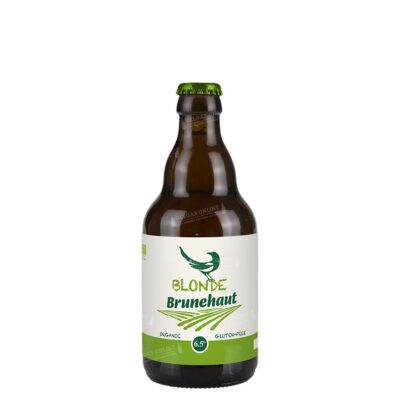 Botella de Brunehaut Blonde 33cl, cerveza belga rubia ecológica y sin gluten de 6,5 % de la Brasserie de Brunehaut, con una urraca en la etiqueta
