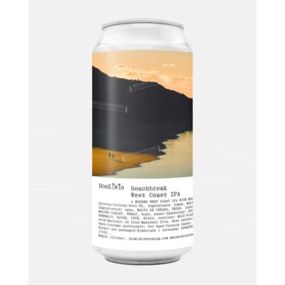 Lata de Doskiwis Beachbreak 44cl, West Coast IPA de 6,7 % de DosKiwis Brewing con Mosaic, Motueka y Columbus Cryo y una ola en la etiqueta