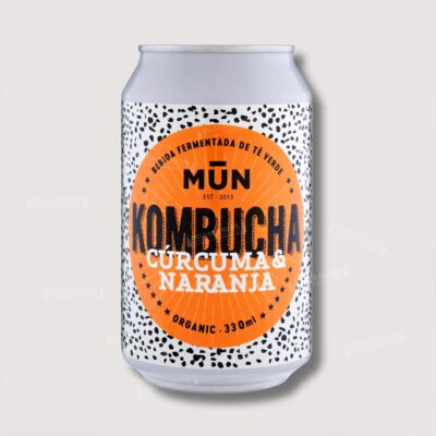 Lata de Mun Kombucha Cúrcuma Naranja 33cl, kombucha ecológica de cúrcuma, jengibre y naranja con menos de 1,2 % vol., elaborada en Mataró