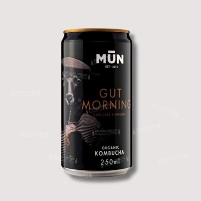 Lata de Mun Kombucha Gut Morning 25cl, kombucha ecológica con café y jengibre con menos de 1,2 % vol., elaborada en Mataró