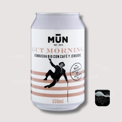 Lata de Mun Kombucha Gut Morning 33cl, kombucha ecológica con café de Guatemala y jengibre con menos de 1,2 % vol., elaborada en Mataró