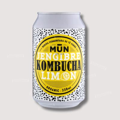 Lata de Mun Kombucha Jengibre Limón 33cl, kombucha ecológica de jengibre y limón con menos de 1,2 % vol., elaborada en Mataró