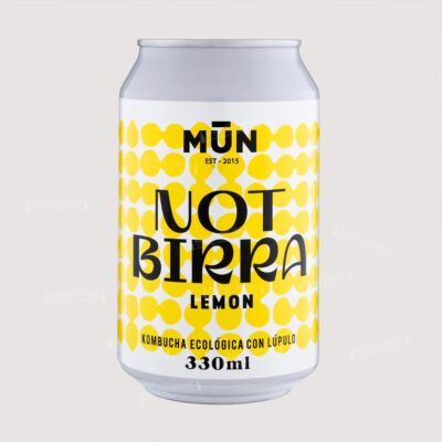 Lata de Mun Kombucha Not-Birra Lemon 33cl, kombucha ecológica con lúpulo y limón sin cereales y con menos de 1,2 % vol., elaborada en Mataró